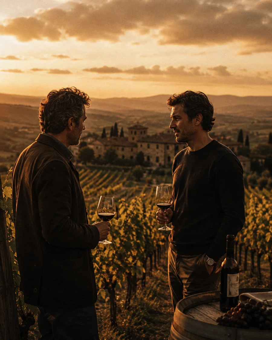 Two men discussing wine in a vineyard