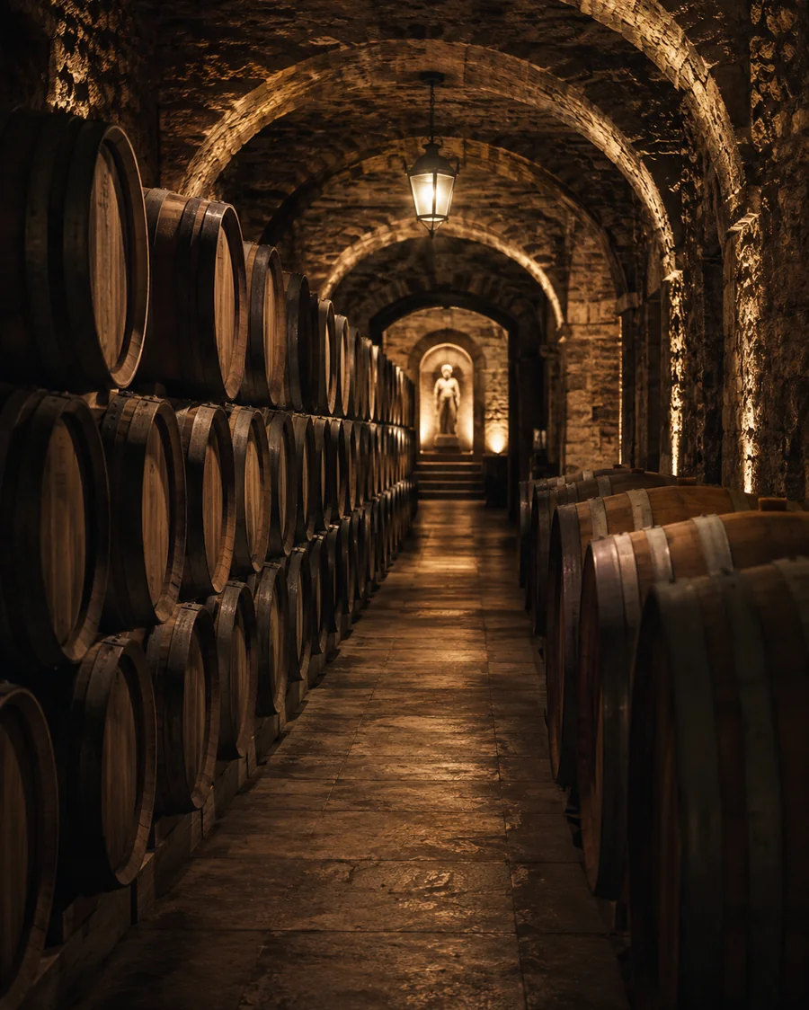 Wine cellar with oak barrels